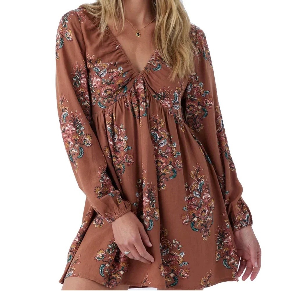 O'Neill Floral Linen Blend V-Neck Mini Dress Brown Boho‎ Summer Size L